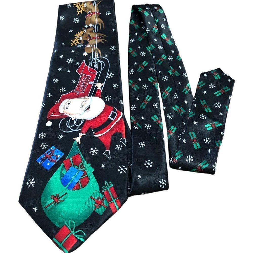 Vintage Hallmark Christmas Necktie 4" Tie Santa Claus and Reindeer Sled EUC